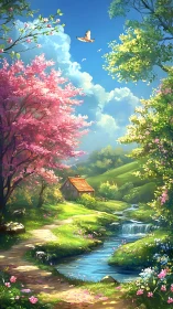 Digital landscape shows stream, cottage and flowering trees