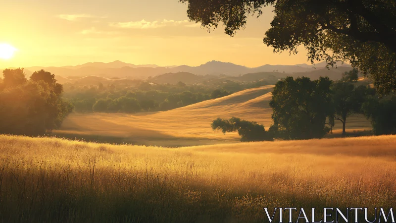 Golden-hour valley landscape renders atmospheric depth and light