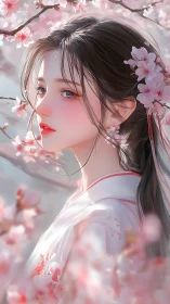 Chromatic portrait amid volumetric cherry blossom diffusion.