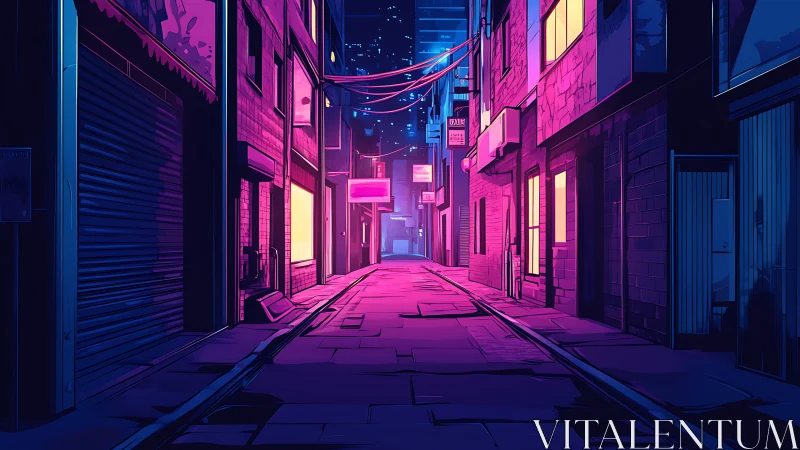 Neon illuminated urban alleyway with stylized architecture.