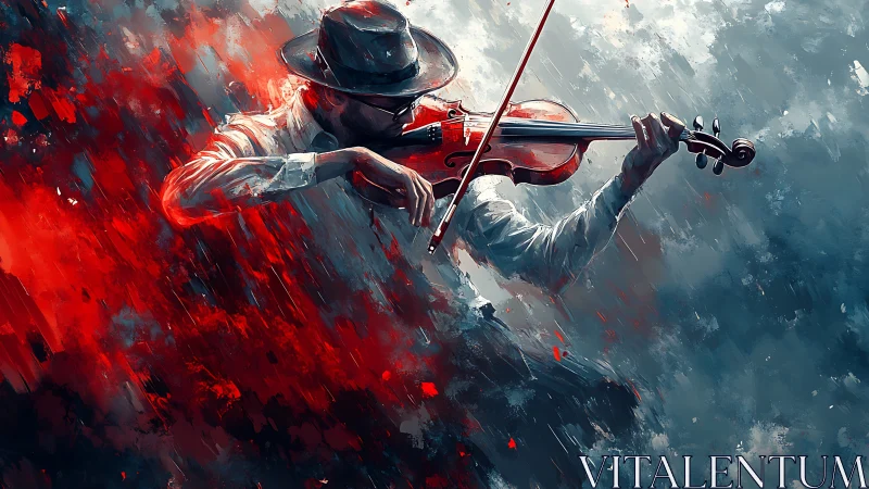 Violinist in hat within dynamic red and blue abstract field.