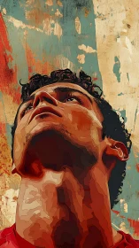 Upward gaze of resolve against weathered urban colorfields.