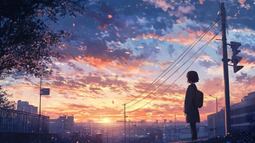 Anime evening cityscape with solitary figure and sunset sky.