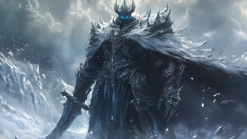 Ice armored dark knight stands in blizzard with glowing eyes.