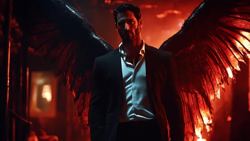 Demonic winged figure in suit strides through cinematic firelight