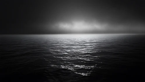 Monochrome ocean horizon under dense fog with reflective swell