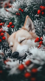 Corgi dream drifts amid frosted pines and crimson berries.