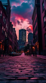 Cobblestone city street with towers under pink twilight sky.