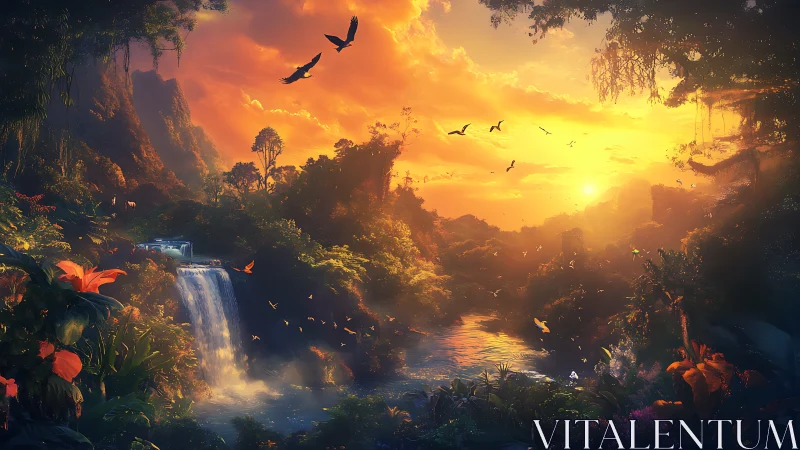 Sunset river carves glowing paths through enchanted jungle