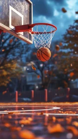 Autumn street court hoop captures lone spinning basketball.