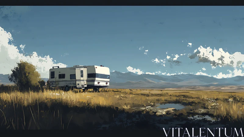 Solitary camper trailer parked in open prairie landscape.