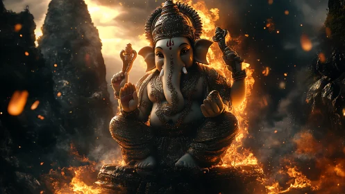 Fiery deity statue amid volcanic cliffs in dramatic glow.