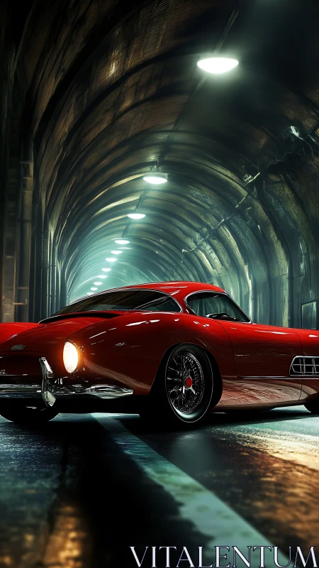 Red classic grand tourer under tunnel sodium vapor lighting