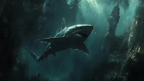 Curious shark gliding through a shadowy underwater cityscape.