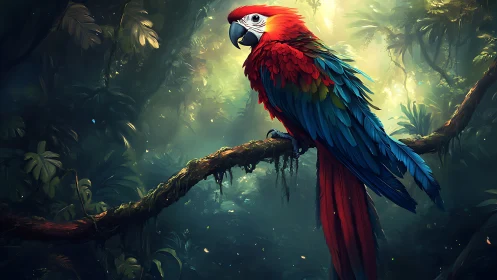 Vibrant Scarlet Macaw Perched in Lush Jungle Digital Artwork.