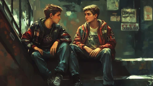 Two stairwell dreamers trade secrets in painted twilight