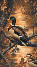 Autumn pond ducks resting peacefully among golden leaves.