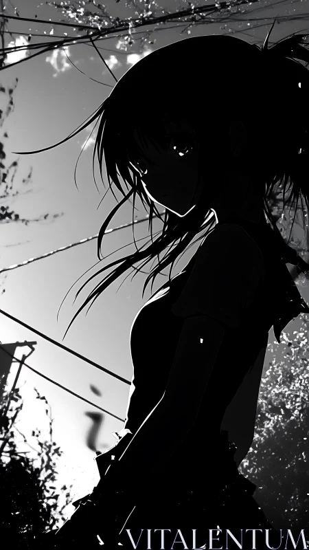 Quiet anime silhouette girl in a sunlit, windy street.