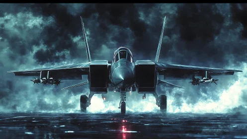 Twin-engine fighter jet aligns on wet runway in low light