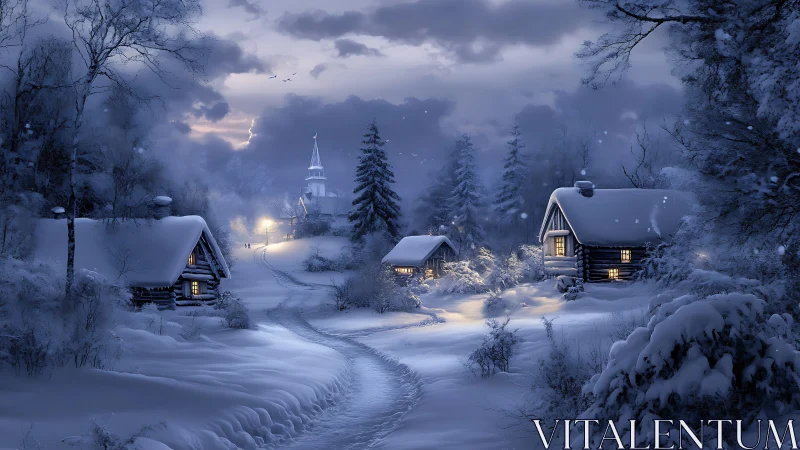 Snowlit village hush with lamplit cabins and distant steeple.