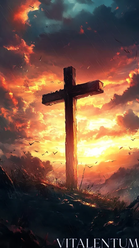 Wooden cross on hill against dense sunset cloud field.