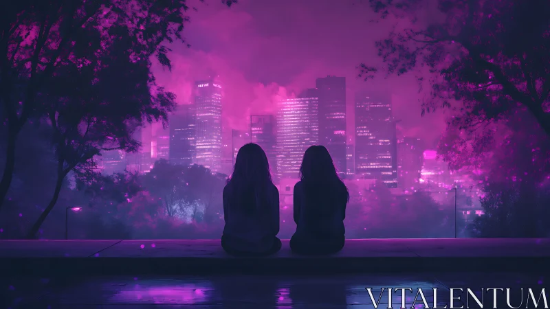 Silhouetted friends at neon magenta city overlook, dusk haze