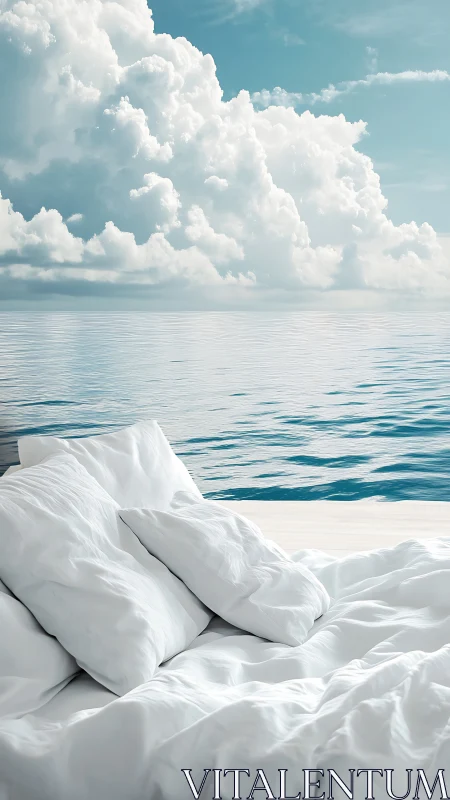 White bed overlooks calm ocean under towering clouds.