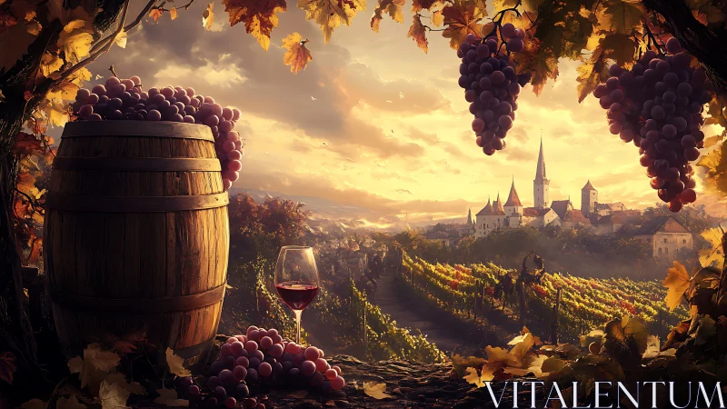 Digital painting of vineyard sunset with grapes, barrel, and village.