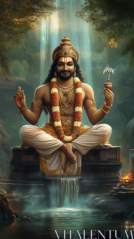 Serene Hindu deity in meditation by a lush forest waterfall.