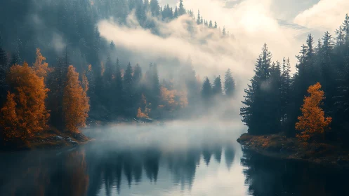 Gentle autumn lake wrapped in misty evergreen mountains.