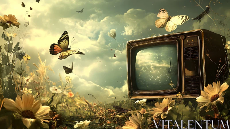 Vintage television set stands in a meadow with butterflies