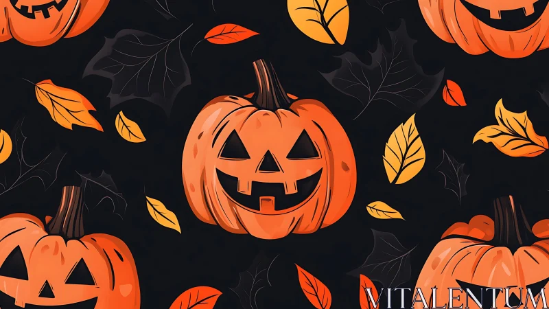 Cheerful jack-o&rsquo;-lantern pumpkins glow in a playful autumn swirl