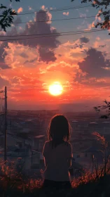 Solitary child watches blazing city sunset horizon glow.