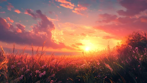 Sunset light across wildflower meadow and clouds.