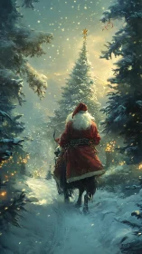 Santa riding through snowy forest toward lit tree.