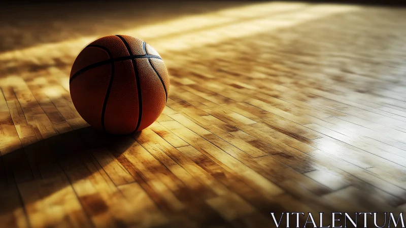 Textured basketball on varnished maple court under directional light