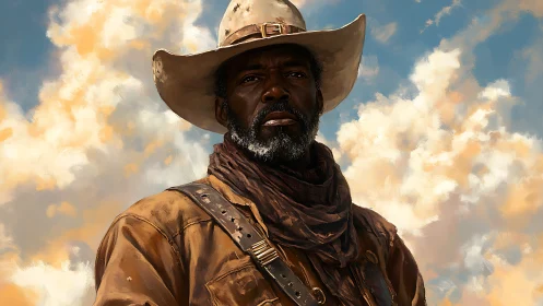 Weathered Black cowboy portrait under luminous cloudscape