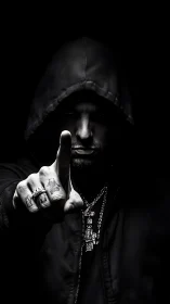 Hooded man in shadow pointing forward with raised finger.