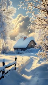 Snow-draped cottage listens quietly to a golden winter sky