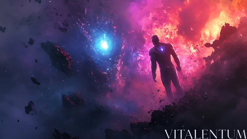 Cosmic singularity encounter with luminescent armored wanderer.