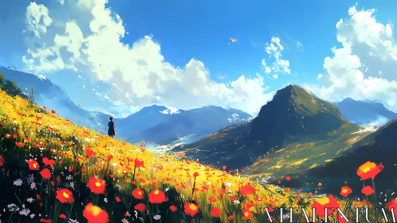 Solitary figure overlooks bright wildflower valley beneath peaks