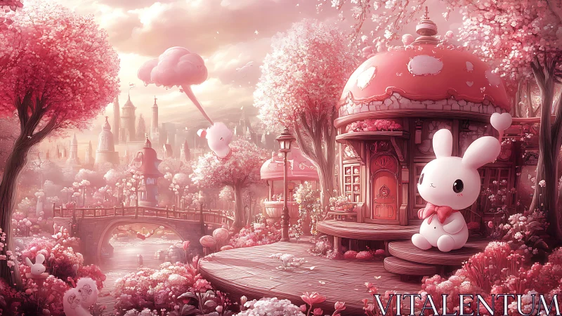 Candy-cloud bunny village in a dreamy pink forest glow.