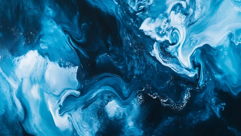 Vivid Blue and White Abstract Fluid Art Painting in Modern Style.