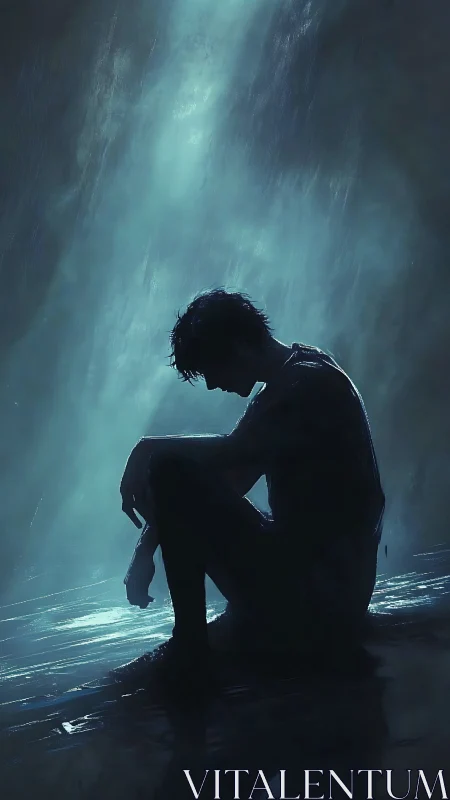 Solitary figure sitting in rain under cold blue light.