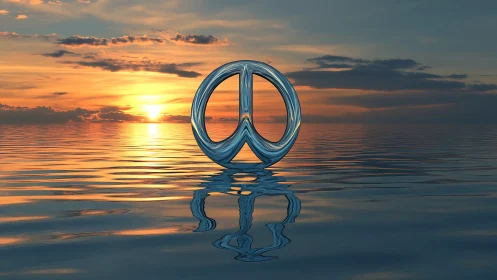 Liquid peace symbol rises over calm ocean sunset horizon.