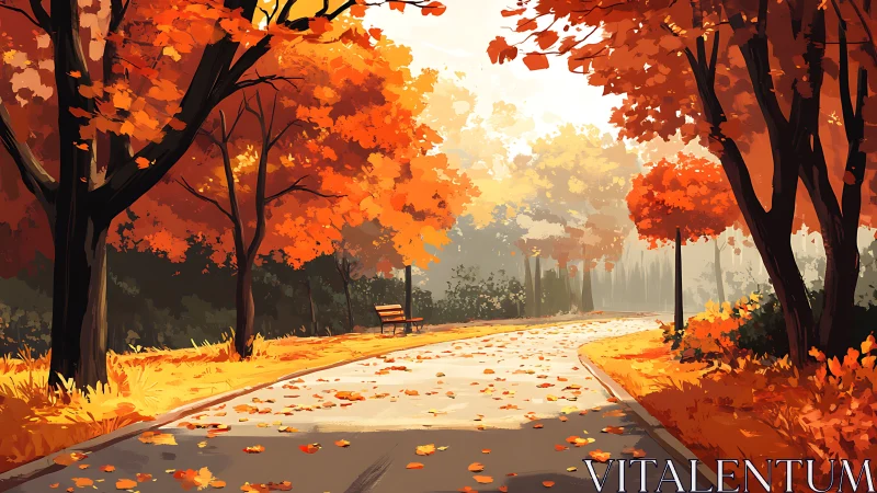 Autumn park path with bench under vivid orange trees.