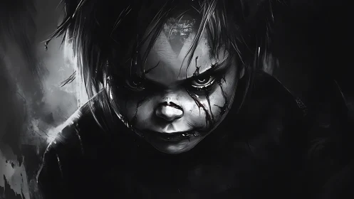 Brooding child of shadows with bleeding ink-kissed gaze.