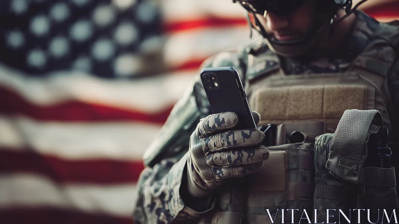 Modern soldier using smartphone before US flag backdrop.