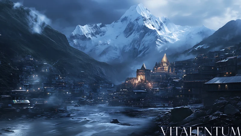 Mountain temple city glows against stormy Himalayan night