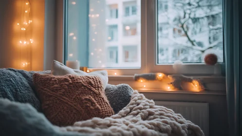 Cozy winter window nook with knitted pillows and lights.